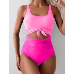 One-piece Female Stitching Contrast Color Strap Covered Belly Swimsuit (Option: Pink Rose Red-M)