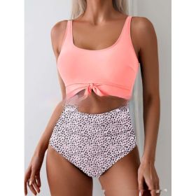 One-piece Female Stitching Contrast Color Strap Covered Belly Swimsuit (Option: Pink Flower-M)