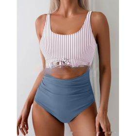 One-piece Female Stitching Contrast Color Strap Covered Belly Swimsuit (Option: Stripes Gray And Blue-XL)