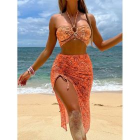 Womens 3-piece Mesh Split-print Swimsuit (Option: Orange Red-S)