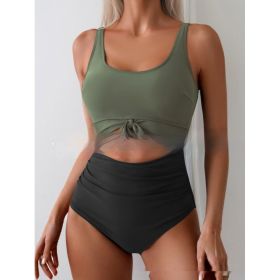 One-piece Female Stitching Contrast Color Strap Covered Belly Swimsuit (Option: Green Black-XXL)