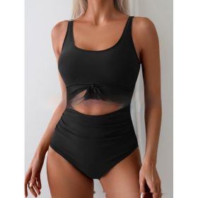 One-piece Female Stitching Contrast Color Strap Covered Belly Swimsuit (Option: Black-XXL)