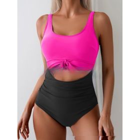 One-piece Female Stitching Contrast Color Strap Covered Belly Swimsuit (Option: Rose Red Black-L)